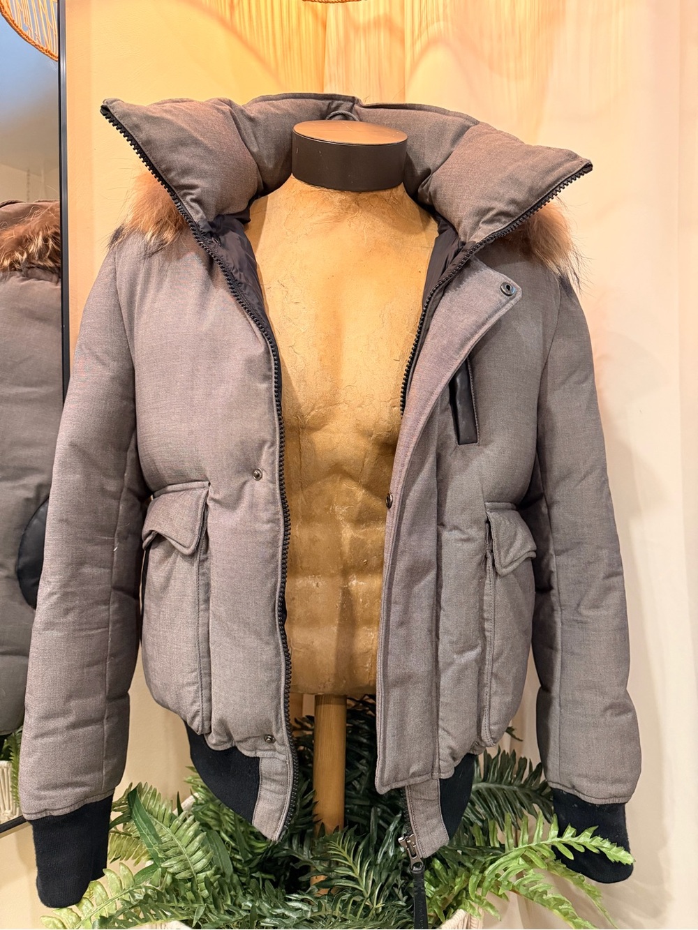 Mackage Men's Gray Hooded Down Puffer with Fur Trim